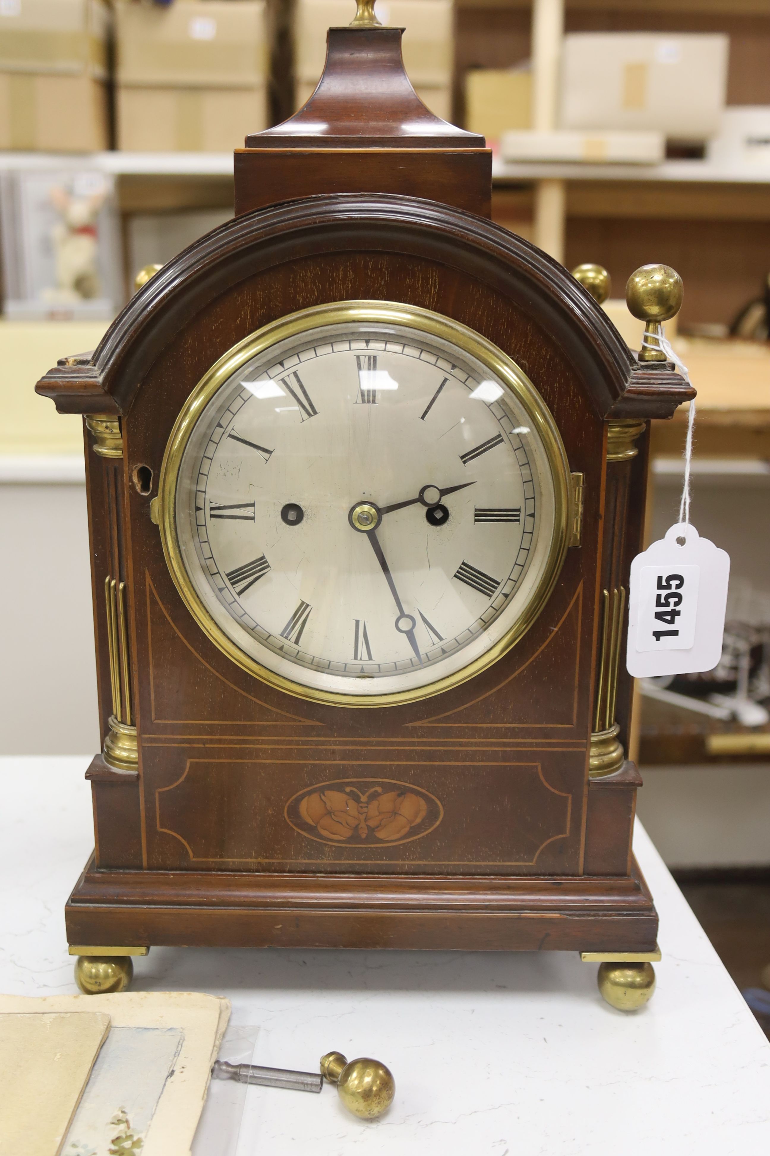 An inlaid mahogany twin fusee bracket clock, height 40cm